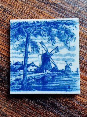 Vintage Delft Holland Blue & White Windmill Tree Scene Small Ceramic Tile